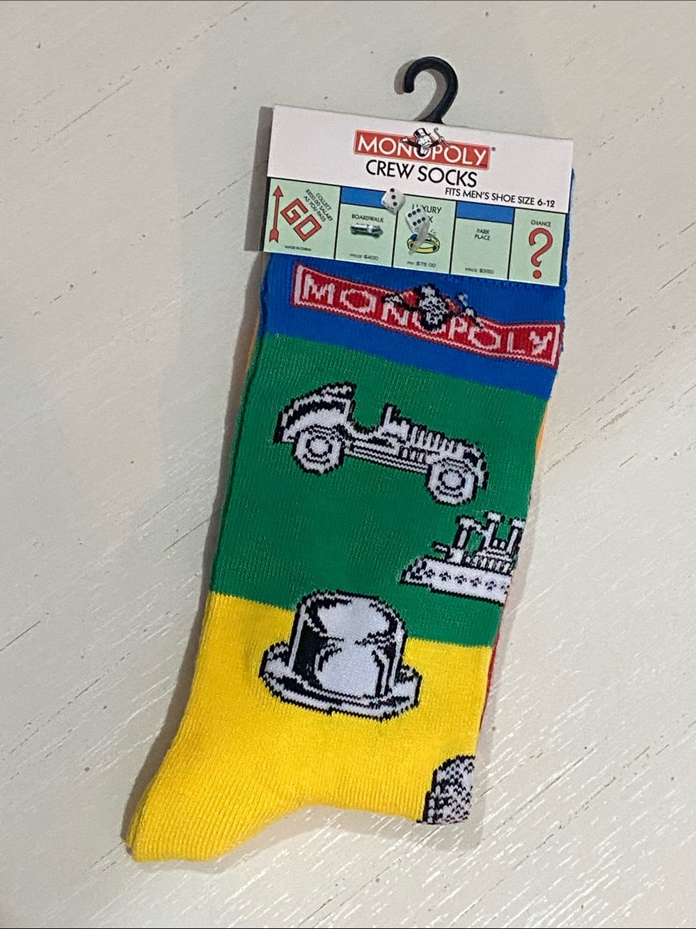 Hasbro Monopoly Crew Socks - Red, Yellow, Blue, Red & Orange Token Pattern